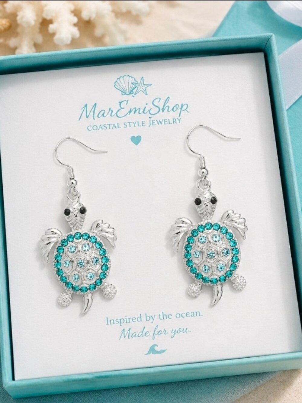 Turquoise Sea Turtle Earrings/Crystal Ocean Inspired